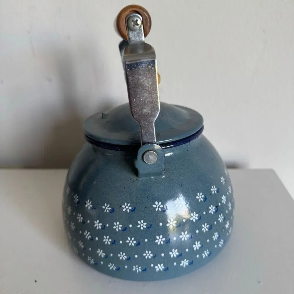 Vintage Himark Enamel Kettle Blue Floral Country Kitchen Teapot Made in Japan